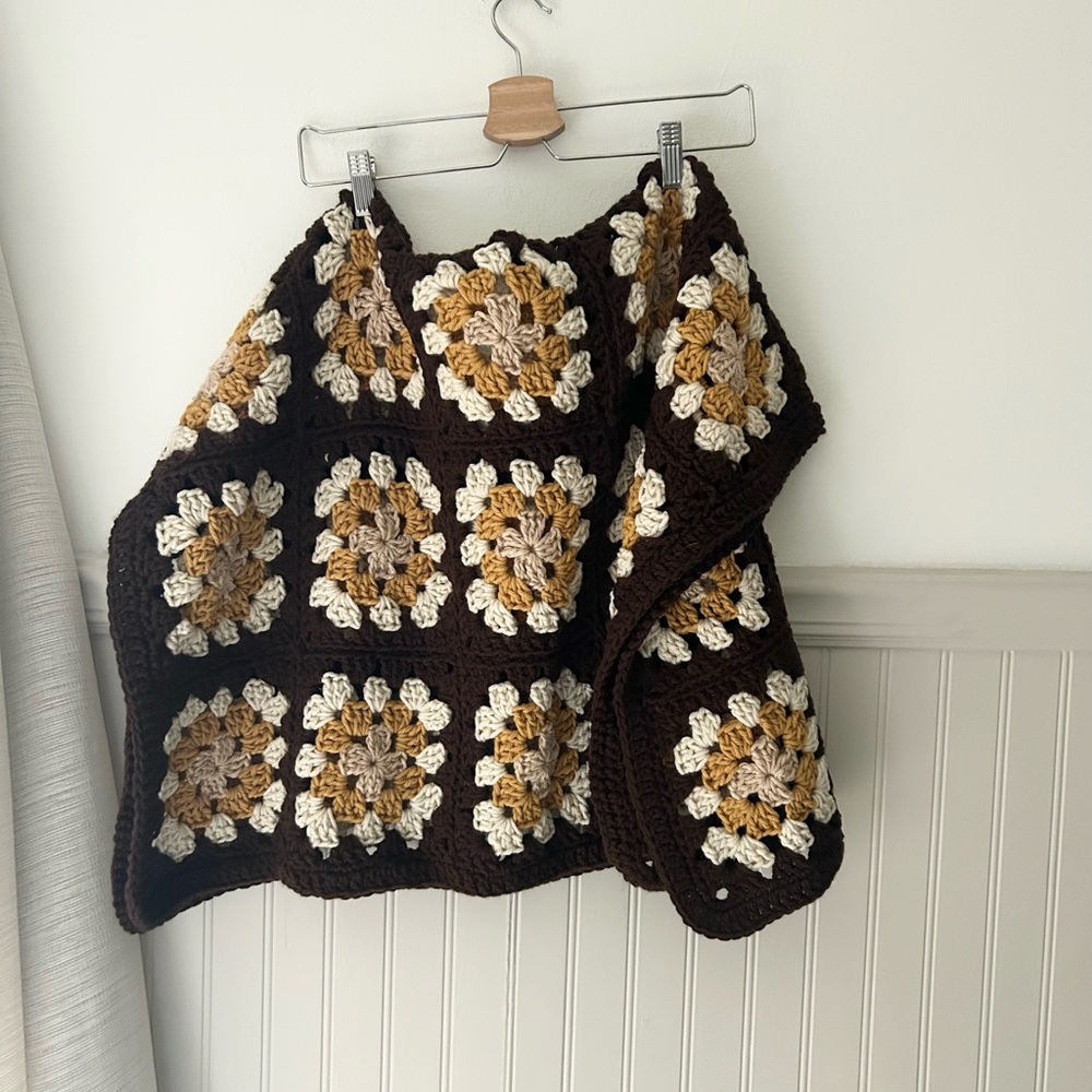 Vintage Granny Square Brown Cream Yellow Handmade Crochet Baby or Lap Blanket